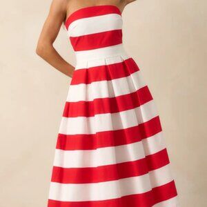 Red Stripe Strapless Midi Dress